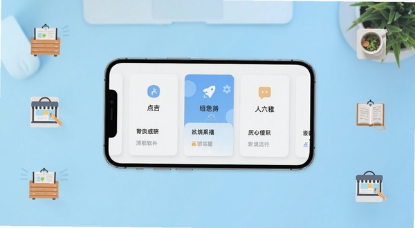点吉软件主界面全貌展示,画面中央为手机屏幕特写,屏幕内呈现点吉应用清爽的卡片式功能布局,背景为浅蓝色渐变桌面环境,周围点缀生活场景小图标,整体风格简洁明快,适配Boogu模型生成