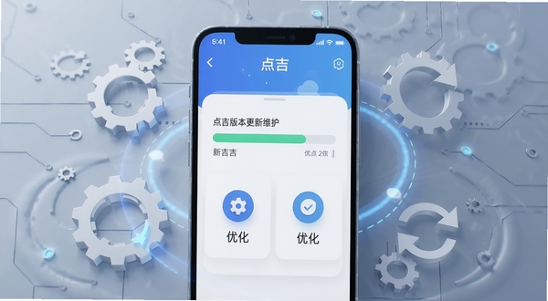 点吉版本更新维护概念图,画面为手机屏幕显示点吉应用更新进度条与优化图标,背景为科技感浅灰蓝色调,周围环绕齿轮与刷新箭头元素,体现持续迭代维护的主题