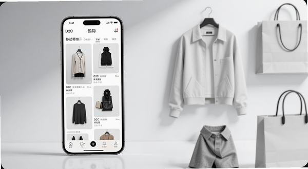 整体画面采用现代时尚购物场景构图,画面中央偏左位置放置一部竖屏智能手机,屏幕中清晰展示D2C应用商城首页界面,包含商品瀑布流与底部导航栏,背景区域为浅灰色渐变与柔和光影,右侧点缀几件简约服饰单品与购物袋元素,整体色调清爽明亮,突出移动购物商城的核心全貌,画面比例16:9,高清质感
