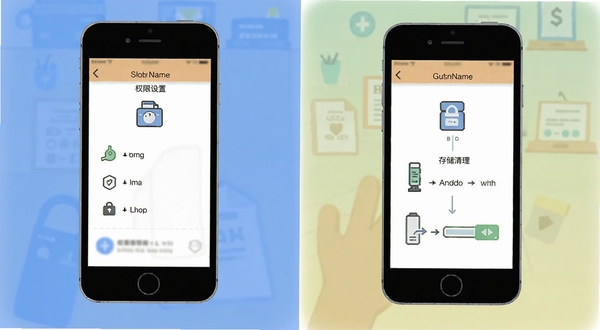 考试模拟器移动端操作指引示意图,手机界面展示权限设置与存储清理步骤,配以简洁图标标注,风格扁平化