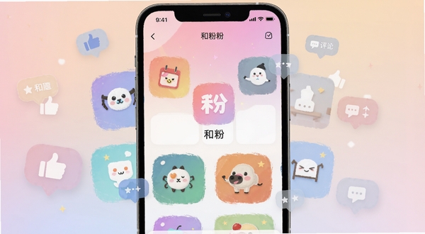 和粉应用内兴趣圈子界面展示,手机屏幕中呈现多个彩色圈子卡片,卡片上带有不同主题图标,背景为柔和渐变色调,周围漂浮点赞与评论气泡元素,整体风格清新明亮,突出社区互动氛围,画面中心为和粉软件主界面,细节清晰,适合移动端展示