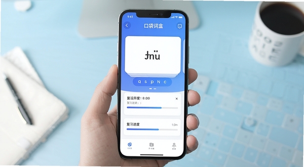 口袋词盒APP首页界面展示,手机屏幕居中放置,背景为浅蓝色渐变办公桌面,画面简洁明亮,突出单词卡片与复习进度条元素