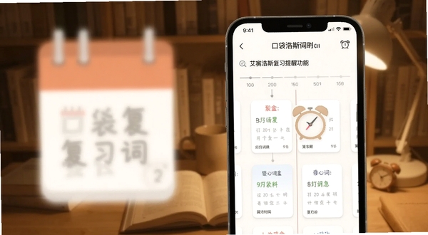 口袋词盒艾宾浩斯复习提醒功能界面,手机屏幕显示复习时间轴与单词卡片,背景为柔和暖色调书房场景,画面带有日历与闹钟图标
