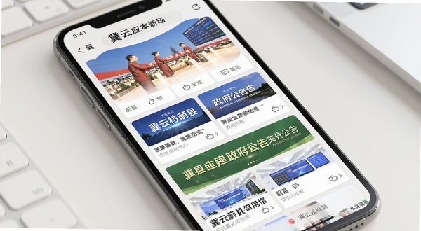 冀云蔚县应用首页资讯信息流界面展示,手机屏幕中排列着蔚县本地新闻卡片与政务公告横幅,背景为浅色现代办公桌面,画面干净明亮,适合软件下载站配图