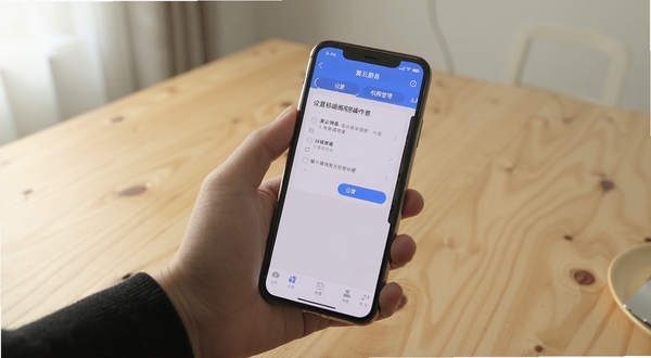 冀云蔚县移动端使用操作示意画面,一只手拿着手机展示应用设置与权限管理页面,背景为简约木质桌面,光线柔和,突出操作指引氛围