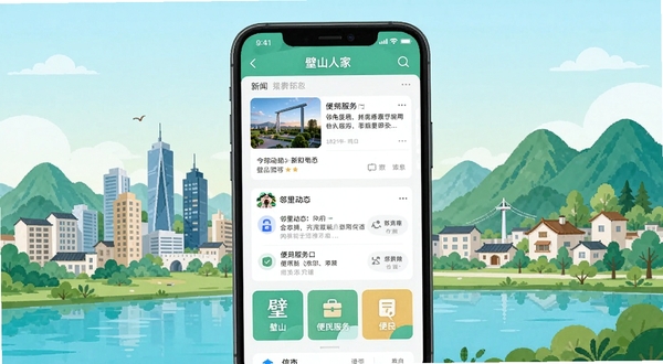 一款名为璧山人家的手机应用界面展示图,画面中央是手机屏幕,屏幕内呈现本地生活社区信息流,包含新闻卡片、邻里动态与便民服务入口,背景为璧山城市天际线与青山绿水的插画风格,整体色调清新明亮,扁平化设计,细节清晰,适合应用商店展示