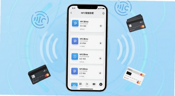 一张展示NFC智能助理软件主界面的手机样机图,画面中央是手机屏幕显示卡片管理列表,背景为浅蓝色渐变科技感光晕,周围点缀NFC波纹图标与卡片图形,整体风格清爽简洁,突出NFC智能助理的核心功能全貌