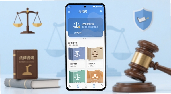 画面主体为一部竖屏安卓手机居中摆放,屏幕内显示法姥姥软件首页界面,包含法律咨询入口与知识分类卡片,背景为浅蓝色渐变的法律主题场景,有天平、法典、盾牌等简约扁平化图标环绕,整体风格清爽专业,适配Boogu模型生成