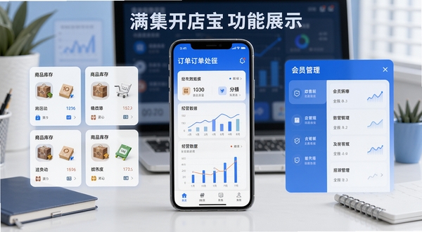 满集开店宝功能展示图,画面中央为手机界面展示订单处理与经营数据图表,左侧为商品库存卡片,右侧为会员管理面板,背景为简洁的办公桌面,色调以蓝白为主,突出数字化店铺管理氛围