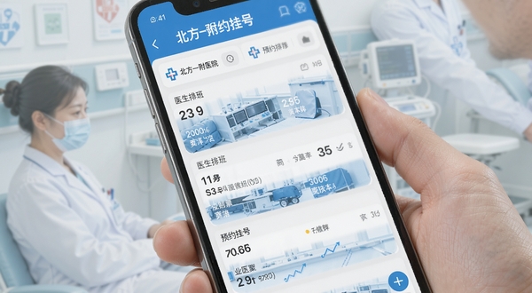 北方一附院手机端预约挂号界面展示,医生排班列表清晰,蓝白色调医疗风格