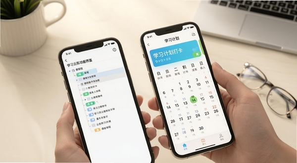 学习云新版功能界面展示,手机屏幕中呈现课程章节树与学习计划打卡日历,背景为柔和米白色书桌,画面干净整洁,突出软件界面细节与学习场景氛围