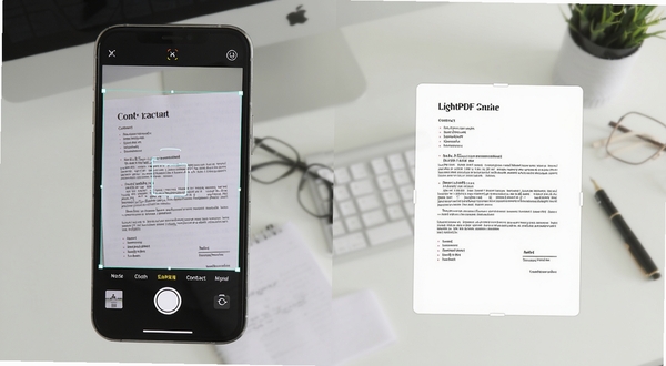 LightPDF Scanner 智能边缘检测自动裁边功能展示,手机拍摄纸质合同,屏幕显示识别框与矫正后的规整文档对比,简洁办公桌面背景