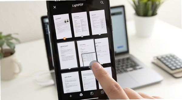 LightPDF Scanner 批量拍摄多页合并界面,手机屏幕显示多张文档缩略图排列,用户手指拖动调整页面顺序,干净明亮的移动办公场景