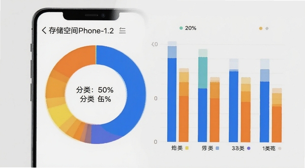 ClearPhone-1.2 存储空间可视化图表,手机屏幕显示彩色环形图与分类占比条形图,背景为浅灰色简约风格,突出数据清晰易读,适配 Boogu 模型生成