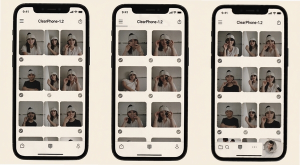 ClearPhone-1.2 重复照片查找界面,手机屏幕中展示多组相似照片缩略图网格,每组带有勾选标记,背景为柔和米白色,突出整理收纳的整洁感,适配 Boogu 模型生成