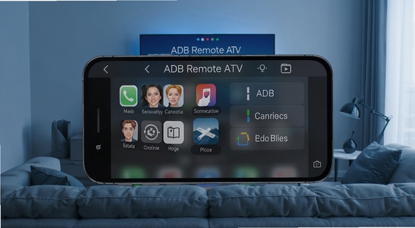 ADB Remote ATV 软件主界面全貌,画面中央展示手机屏幕上的应用图标与连接状态面板,背景为客厅电视与沙发环境,蓝灰色科技感配色,扁平化 UI 风格,高清细节,横版构图