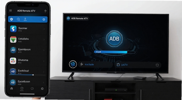 ADB Remote ATV 应用管理界面,手机屏幕显示已安装应用列表与安装进度条,电视屏幕同步显示安装动画,深色背景配蓝色高亮元素,科技感强,细节清晰
