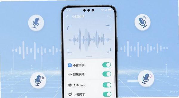 一款名为小智同学的安卓手机应用界面展示,画面主体为手机屏幕居中放置,屏幕内显示语音波纹识别动画与功能开关列表,背景为浅蓝色渐变科技感网格,周围点缀声波图标与麦克风标识,整体风格简洁明快,适配Boogu模型生成
