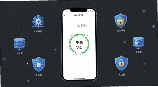 小智同学软件功能展示图,画面中央为手机屏幕显示离线识别引擎工作状态,屏幕周围环绕着本地数据处理图标与盾牌安全标识,背景为深灰色极简风格,点缀二进制代码光点,突出离线与隐私保护概念