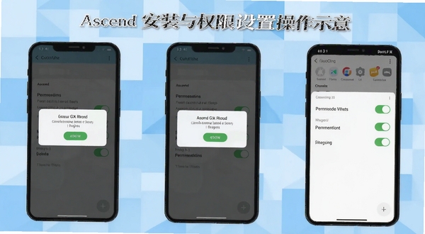 Ascend 安装与权限设置操作示意,画面为手机屏幕分步骤展示安装确认弹窗与权限开关界面,背景为淡蓝色几何色块拼接,整体呈现教程说明的清晰感,适配 Boogu 模型生成