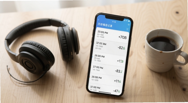 噪声检测器软件功能展示图,手机竖屏界面中显示历史噪音记录列表,每条记录带有时间戳与分贝数值,背景为简约木质桌面,旁边放置一副耳机与一杯咖啡,画面光线柔和,突出软件数据记录功能