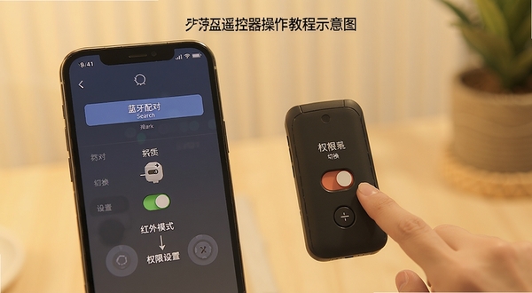 蓝牙遥控器操作教程示意图,手机屏幕显示蓝牙配对搜索界面与红外模式切换开关,旁边有手指点击操作示意,画面采用暖色调,背景简洁,突出配对步骤与权限设置要点,适合教程配图