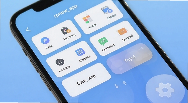 展示 rpnow_app 功能入口集中布局的手机界面,屏幕中央为整齐排列的功能卡片与快捷按钮,背景为柔和渐变蓝色,画面右下角放置一个半透明的齿轮图标象征系统工具,整体风格简洁明快,体现操作路径短的设计理念
