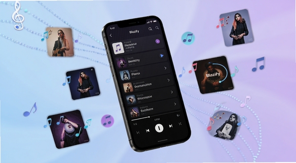 Blazify 音乐播放器功能界面展示,画面主体为手机屏幕中的播放列表管理页面,屏幕周围漂浮着专辑封面卡片与音符图标,背景为柔和的蓝紫色渐变,整体呈现轻科技感与音乐氛围