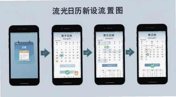 流光日历新手设置流程示意图,画面展示手机屏幕从安装到添加第一条日程的四个步骤分镜,配有箭头引导与勾选图标,背景为浅灰蓝色,扁平化信息图风格,清晰易读