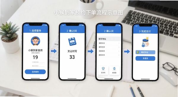 小猴到家预约下单流程示意图,画面展示手机界面从选择服务到确认时间、填写地址、完成支付的四个步骤,界面元素清晰,配色以蓝白为主,背景为简约办公桌面,扁平化UI风格