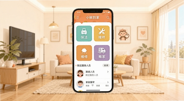 软件主界面全景展示,画面中央是手机屏幕,屏幕上显示小猴到家APP首页,包含保洁、维修、搬家等服务分类图标与附近服务人员列表,背景为温馨明亮的现代客厅环境,浅暖色调,简洁扁平化插画风格,突出家政服务主题