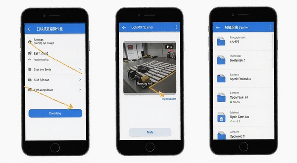 LightPDF Scanner 移动端操作界面示意图,展示权限设置页面与扫描结果保存流程,扁平化设计风格,蓝白配色,画面干净整洁,突出设置选项与文件列表