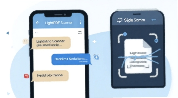 LightPDF Scanner 用户问答场景插画,手机屏幕显示问答对话气泡与扫描文档图标,扁平插画风格,浅蓝与白色为主色调,画面简洁友好