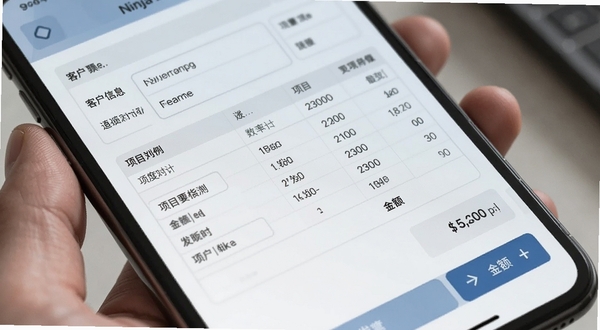 Ninja Beta 移动端发票创建界面特写,手机屏幕展示发票编辑表单,包含客户信息栏、项目明细表格与金额汇总区域,简洁商务风格,浅色背景,突出操作便捷性