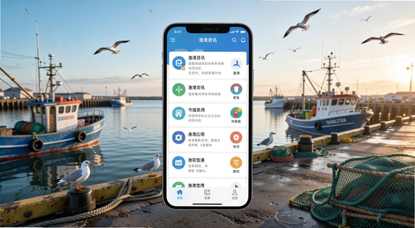 渔港通应用主界面全貌展示,画面中央为手机屏幕呈现渔港资讯列表与功能图标,背景为清晨的渔港码头场景,远处有渔船与海鸥,整体色调清新明亮,写实风格,细节丰富