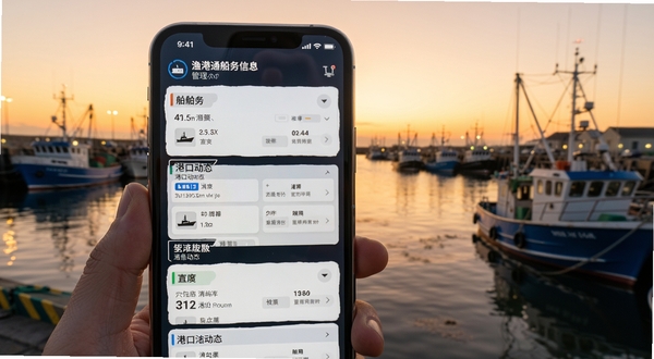 渔港通船务信息管理界面特写,手机屏幕显示船只资料卡片与港口动态并列布局,背景为傍晚的渔港停泊区,暖色调光影,写实摄影风格,画面干净整洁