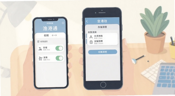 渔港通安装设置与权限管理示意图,手机屏幕展示权限开关与存储清理界面,背景为简洁的桌面环境,柔和光线,扁平化插画风格,色彩淡雅