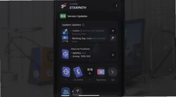 StarPath 版本更新界面截图,展示更新日志列表与新增功能图标,手机屏幕特写,背景为深色模式下的应用界面,画面简洁现代