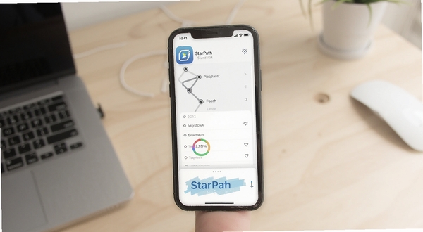 StarPath 软件界面展示,手机屏幕中呈现路径节点列表与进度环形图,背景为浅色桌面环境,画面干净清爽,突出应用图标与操作界面细节