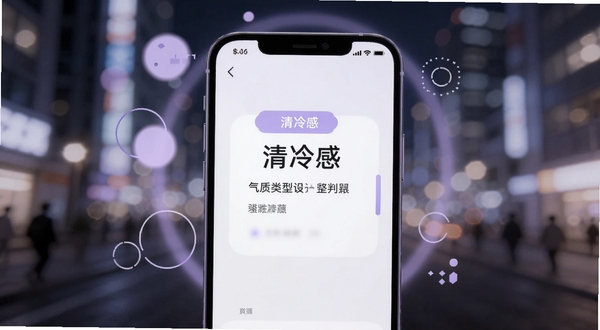 AI颜值检测评分软件的气质类型判定结果页面特写,画面中央为手机屏幕显示“清冷感”标签与风格描述文字,周围环绕柔和的淡紫色光斑与几何装饰元素,背景为虚化的都市夜景灯光,整体氛围时尚轻盈,适配Boogu模型生成