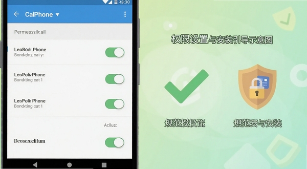 CanPhone 权限设置与安装引导示意图,画面展示安卓手机设置页面的权限开关列表,旁边配有对勾与盾牌图标,背景为浅绿色柔和渐变,风格扁平化,突出安全授权与规范安装的主题