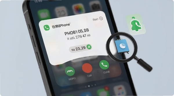 CanPhone 陌生号码识别功能界面特写,手机屏幕显示来电提醒卡片与号码标签,旁边漂浮着放大镜与通讯录图标,背景为柔和的浅灰蓝色调,画面干净利落,体现智能识别与便捷管理的产品特性