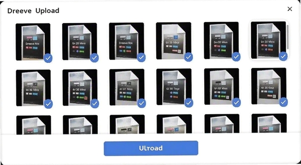 Dreeve Upload软件的文件多选界面截图风格示意图,画面中显示多个文件缩略图被勾选,底部有上传按钮,背景为干净的白色卡片式布局,带有Dreeve Upload字样