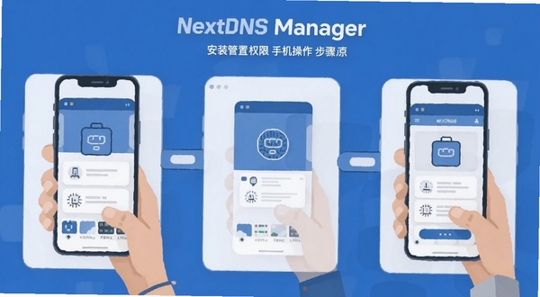 NextDNS Manager 安装设置 权限管理 手机操作 步骤示意 扁平化插画 蓝色系 简洁清晰