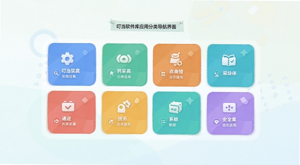 叮当软件库应用分类导航界面展示,手机屏幕中呈现清晰的功能分区卡片,背景为浅色渐变,整体风格简洁明快