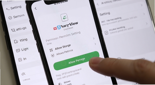 画面主体为手机屏幕显示SharpView权限设置引导页面,手指正点击允许存储权限按钮,背景为简洁的手机设置界面元素,画面风格清晰直观,突出新手安装设置的操作场景