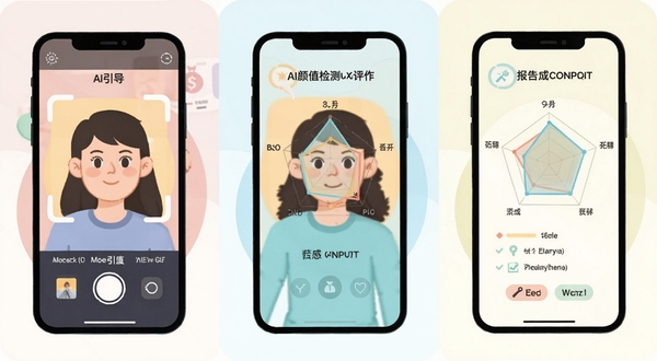 AI颜值检测评分操作流程示意图,展示手机屏幕从拍摄引导框到生成雷达图报告的三个步骤,扁平化插画风格,配色明亮柔和