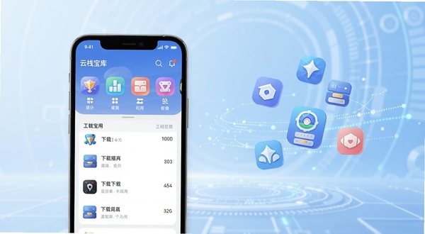 云栈宝库应用主界面全貌展示,画面中央偏左位置为手机屏幕中的软件首页,包含分类图标与下载列表,背景区域为浅蓝色渐变科技感空间,右侧点缀悬浮的应用图标与数据流光效,整体风格清爽简洁,适配Boogu模型生成