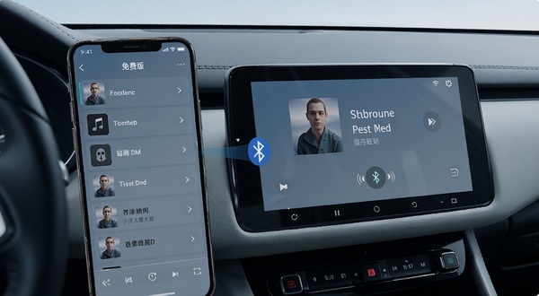 汽车听音乐免费版功能界面,手机屏幕显示音乐列表与车载蓝牙连接状态,旁边有汽车中控屏幕同步显示歌曲信息的示意画面,整体风格简洁科技感,蓝灰色调,突出多设备联动场景