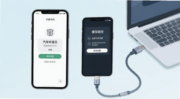 汽车听音乐免费版安装设置示意画面,手机屏幕显示权限开启与缓存路径设置页面,旁边有数据线和电脑连接手机的示意元素,整体干净简约的科技插画风格,浅色调